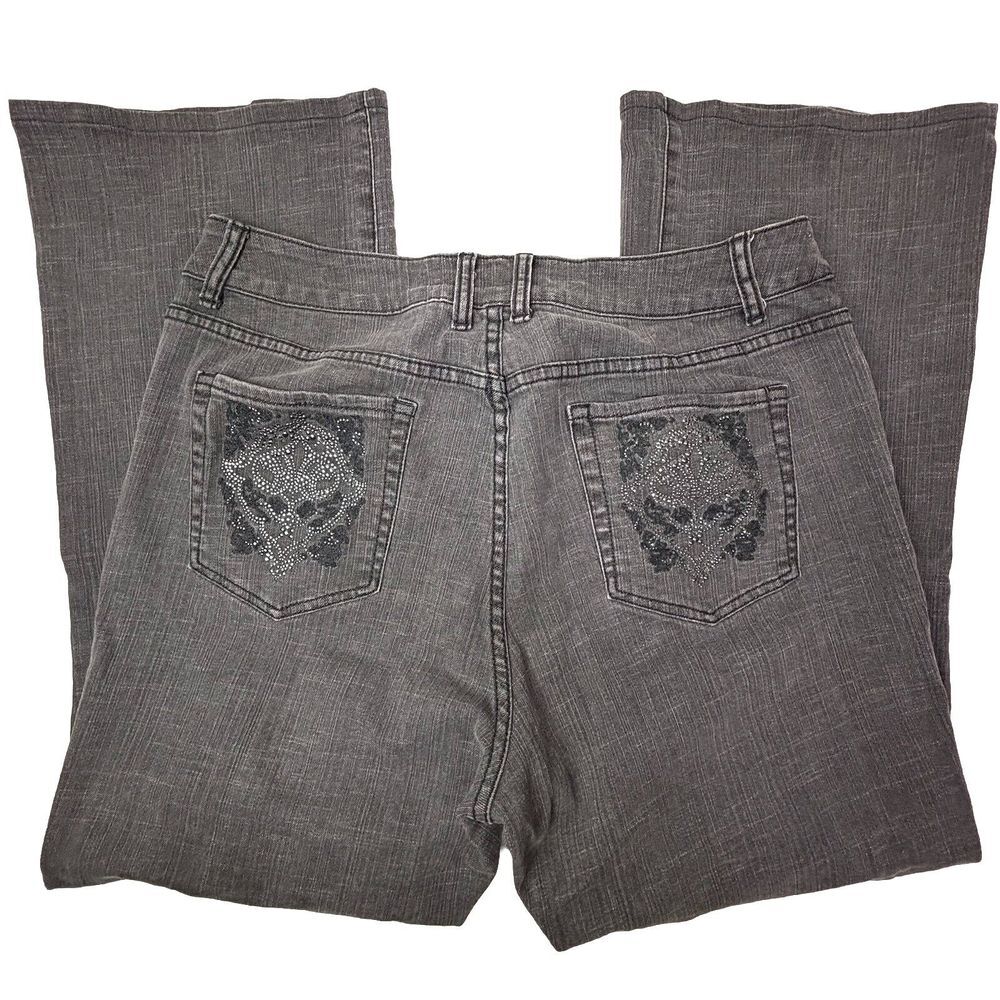 Chico's Platinum Denim Jeans Womens 3 36X29 Embroidery Charcoal‎ Flare Studs EUC